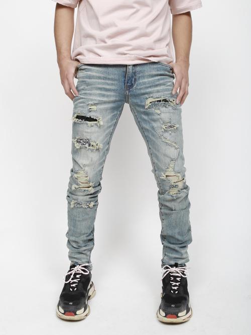 Destructed Light Blue Paisley Rhinestone Skinny Denim