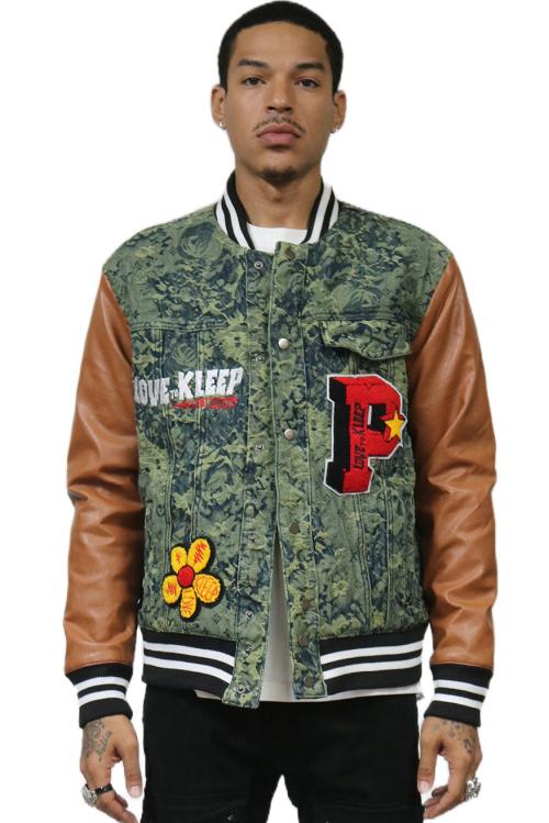 ROBIN Men's Jacquard Body with faux Leather Sleeve Varsity Jacket