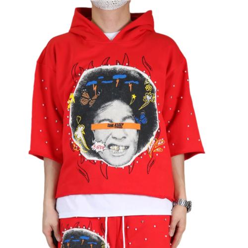 SIMON French Terry 3/4 Sleeve Crop Top Pullover Hoodie