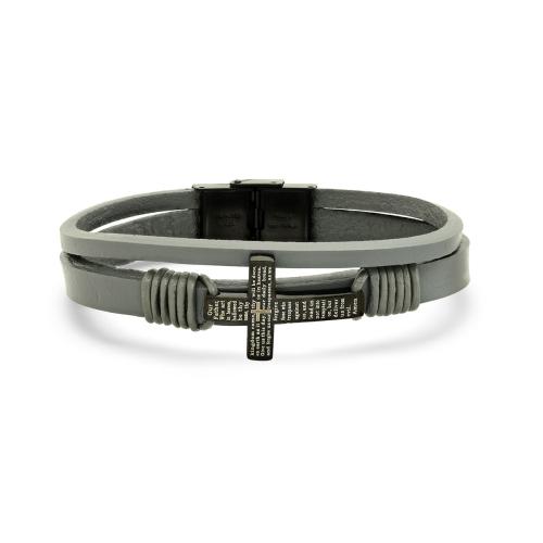 Gray Leather And Black Ip Stainless Steel Cross With Our Father Prayer Bracelet