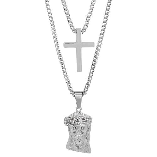 Stainless Steel Double Layered Cross And Jesus With Simulated Diamonds Necklace
