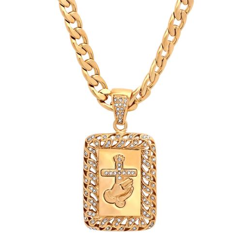 18K Gold Plated Stainless Steel Prayer Hands And Cross Pendant With Simulated Diamonds