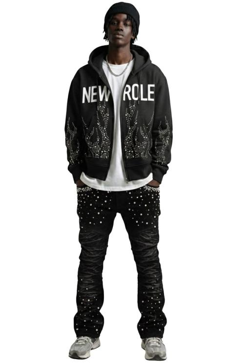 Men's Black Flocking surface Stacked Pants