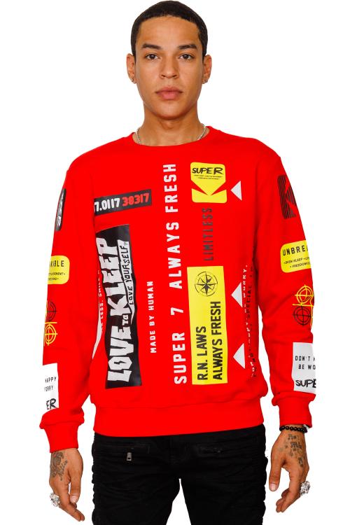 AKAKO Men's graphic print cotton red french terry pullover crewneck