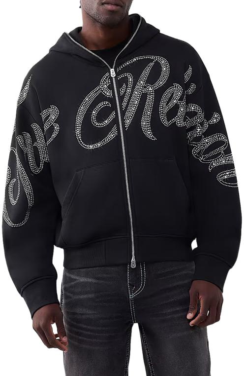 rhinestone script boxy zip hoodie