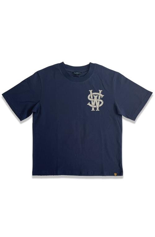 Stay Winning Navy Distressed Original Logo Script Tee