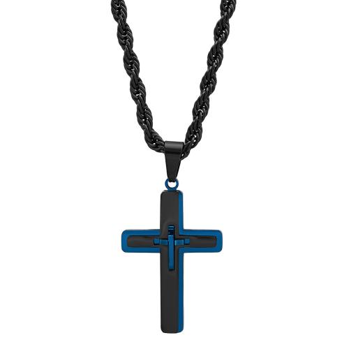 Two Tone Blue & Black Ip Stainless Steel Crucifix Pendant