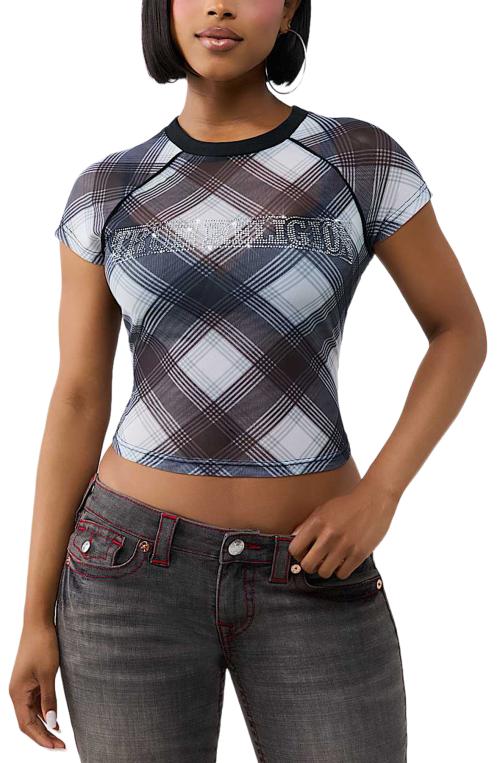 crystal plaid raglan mesh shirt